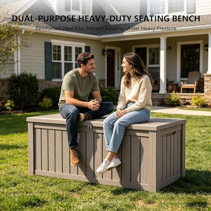 Outdoor Storage Box, 150 Gallon Waterproof Deck Box [Upgraded 3.1], Large Resin Storage with Hydraulic Gas Lifts for Cushions, Heavy Duty Lockable Bench Seat, Backyard Party, Grey