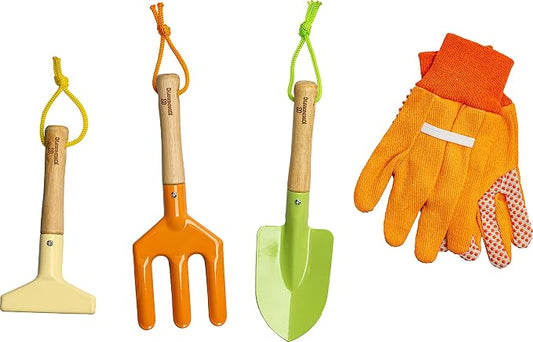Kinderific Gardening Set, Tool Kit, for Kids, STEM, Includes Tote Bag, Spade, Watering Can, Rake, Fork, Trowel and Gloves (Sunshine)