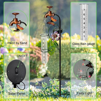 Copper Faucet Rain Gauge, 7" Glass Tube Butterfly Flower Garden Yard Stake Decor