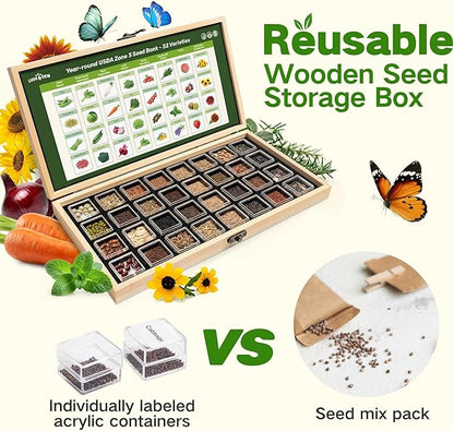 USDA Zone 3 Seed Bank, Gardening Gifts for Women Men, 32 Type Non-GMO Seeds | 30,000+ Heirloom Seeds for Planting Vegetables Herbs Fruits, Year Round Survival Seed Vault Kit, Raised Garden Bed Greenhouse