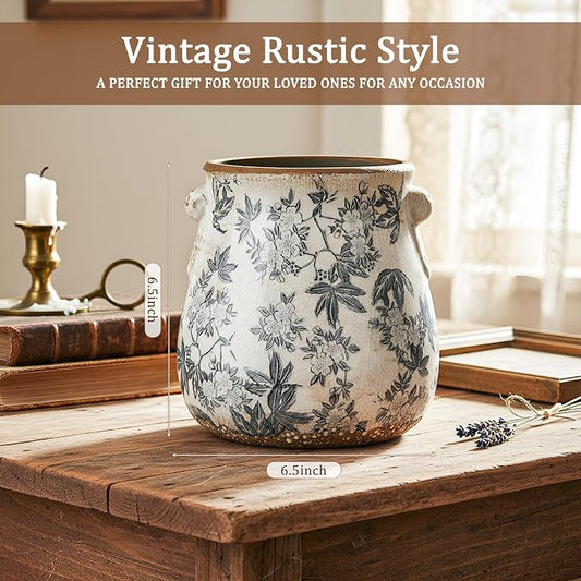 Ceramic Scroll Planter 6.5 Inch Chinoiserie Floral Vase with Drainage Holes Vintage Flower Vase Flower Pot Rustic Ceramic Pots for Indoor Plants Garden Home Bookshelf Decor(Gray Glaze)