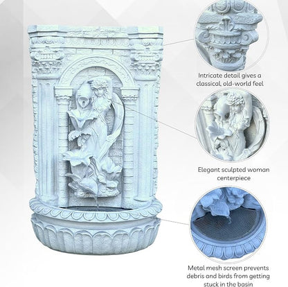 XBrand 30.3" Solar-Powered Outdoor Wall Fountain with Flower Maiden Statue, Antique Stone Waterfall Design for Garden, Yard Décor & Bird Bath, Polyresin
