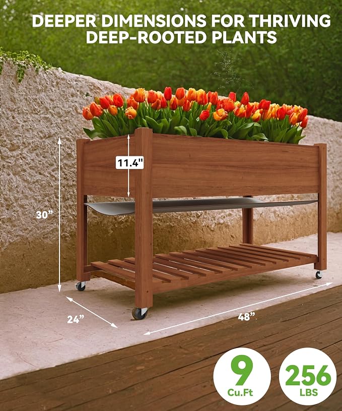 IDEALHOUSE Rolling Elevated Planter Box on Wheels, 48x24x30 Inch Mobile Raised Garden Bed with Locking Casters, Storage Shelf, Wooden Outdoor Planter for Vegetables Flowers Patio Backyard, Oak