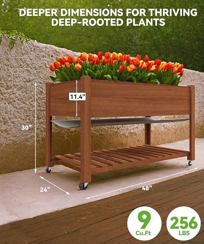 IDEALHOUSE Rolling Elevated Planter Box on Wheels, 48x24x30 Inch Mobile Raised Garden Bed with Locking Casters, Storage Shelf, Wooden Outdoor Planter for Vegetables Flowers Patio Backyard, Oak