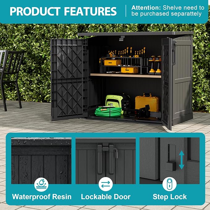 Horizontal Resin Storage Shed 36 Cu Ft with Lockable Doors, Portable Outdoor Storage Shed -Waterproof Outdoor Storage Cabinet for Garden, Easy to Assemble
