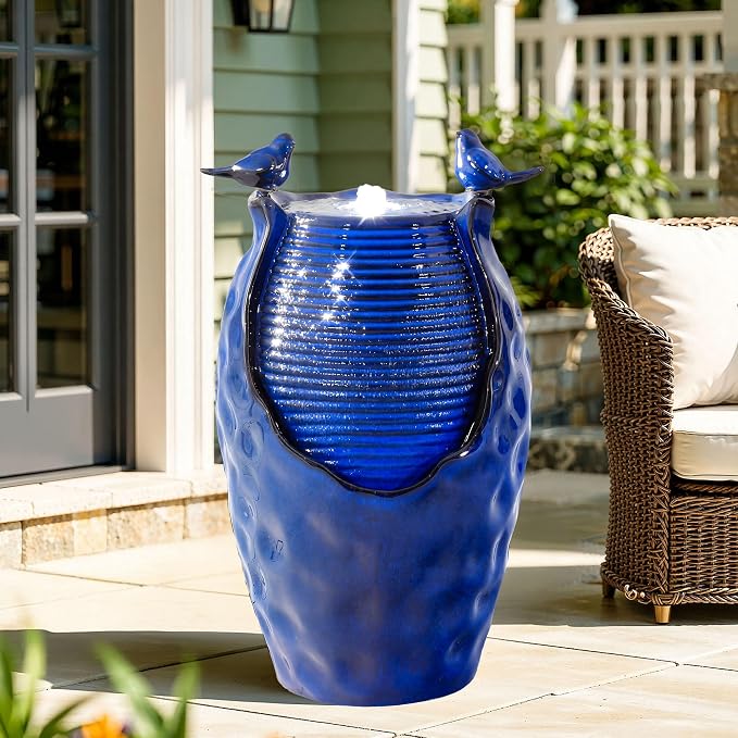 23.5" H Ceramic Jar Outdoor Fountain, Honeycomb Pot Water Feature with LED Lights, Soothing Trickling Waterfall for Garden, Patio, Yard, Balcony or Porch Oasis, Cobalt Blue Glaze, KD Vivid Birds