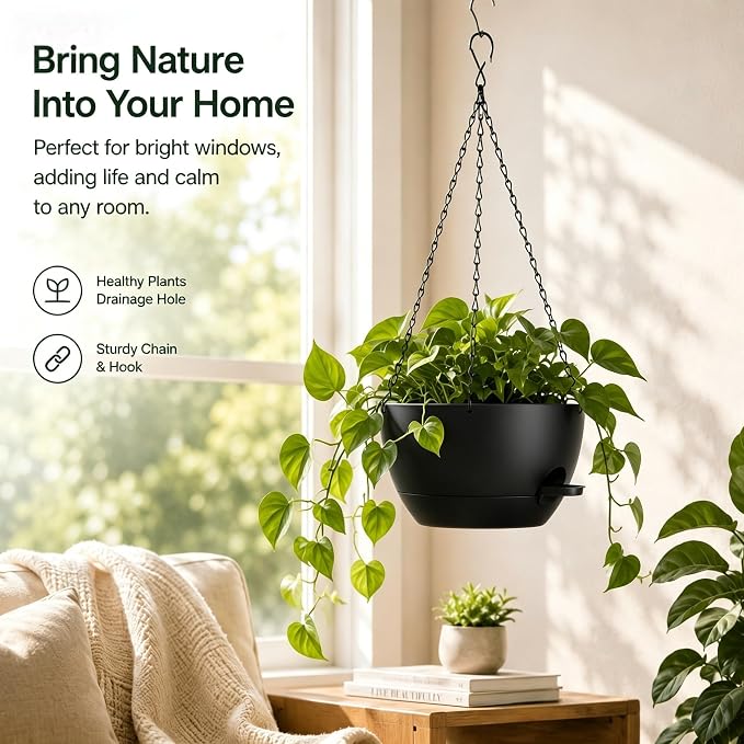 12 Inch Self Watering Hanging Planters 2 Pack, Black. | Plastic planters with drainage holes and saucers. Suitable for indoor, outdoor, kitchen, balcony and garden plant decor.