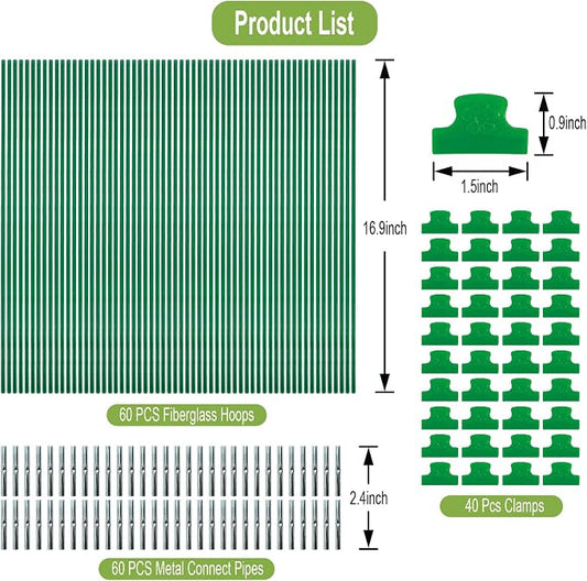 60PCS Garden Hoops for Raised Beds, 8FT Rust-Free Fiberglass Greenhouse Hoops, DIY Frame Stake to Create Grow Tunnels, Plant Support Row Covers & Garden Netting, 40Pcs Clips