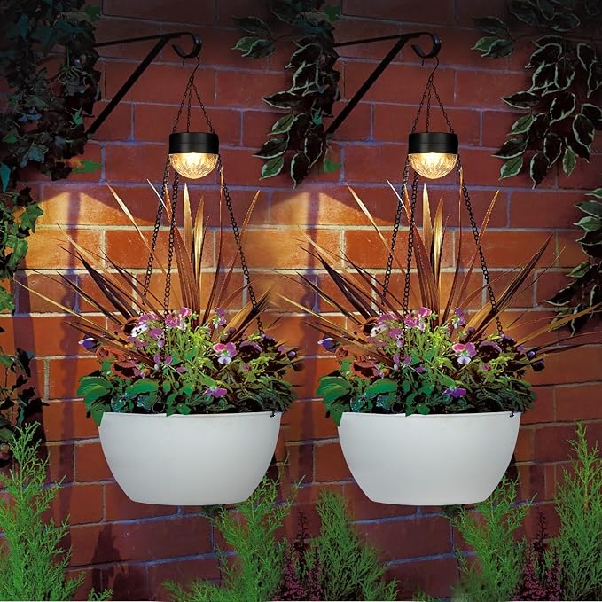 SUNNYPARK 2 Pack Solar Hanging Planters for Plants Outdoor | Self Watering, White Flower Pots with Solar Light, Hanging Garden Planters with Drainer for Balcony Patio Outdoor Decor