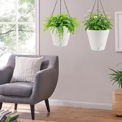 8 Inch Hanging Planters Indoor Outdoor, 3 Pack Plastic Self Watering Plant Pots with Drainage Holes & Saucers, Hanging Baskets Flower Pots with Chain for Ivy, Spider Plant, Pothos, Ferns
