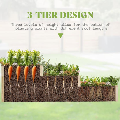 SPECRAFT 3-Tier Raised Garden Bed, Adjustable Fir Wood Outdoor Planter Box with Dividers, Tool-Free Assembly for Vegetables, Herbs, Flowers, 28 Inch Depth