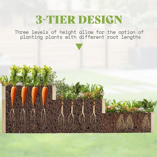 SPECRAFT 3-Tier Raised Garden Bed, Adjustable Fir Wood Outdoor Planter Box with Dividers, Tool-Free Assembly for Vegetables, Herbs, Flowers, 28 Inch Depth