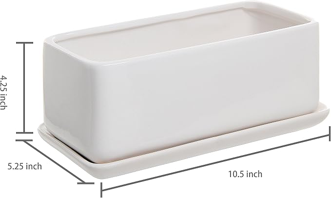 MyGift 10 Inch Modern Unglazed White Ceramic Indoor Plant Pot with Drainage Hole, Rectangular Succulent Planter Window Box with Removable Saucer, 2 Pack