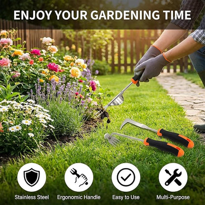3 Pcs Garden Weeding Tool Set - Stainless Steel Manual Weed Puller with Non-Slip Handle for Yard Lawn Farm