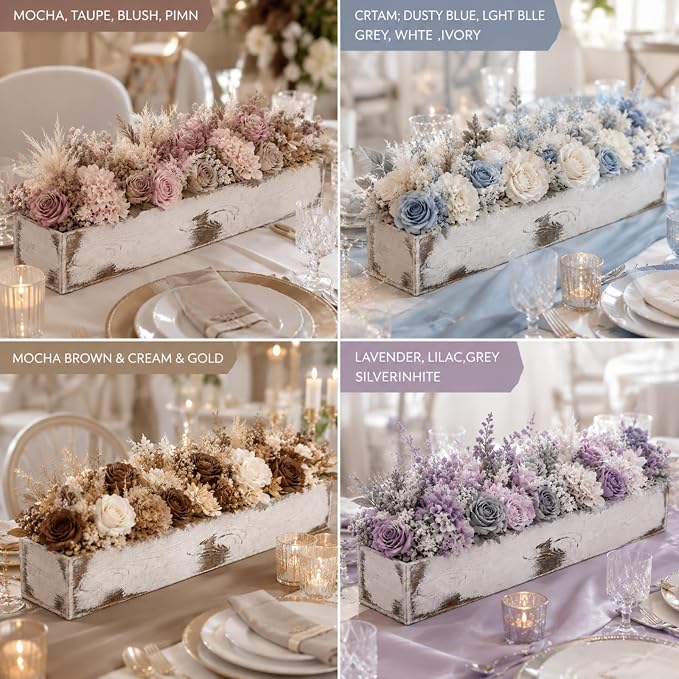 Dandat 1 Set Wood Boxes for Centerpieces 28x5 Inch Rectangle Wooden Planter Box Rustic Wooden Planters with Removable Plastic Liner Floral Foam Blocks for Christmas Wedding Home Garden Decor(White)