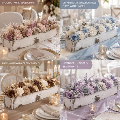 Dandat 1 Set Wood Boxes for Centerpieces 28x5 Inch Rectangle Wooden Planter Box Rustic Wooden Planters with Removable Plastic Liner Floral Foam Blocks for Christmas Wedding Home Garden Decor(White)
