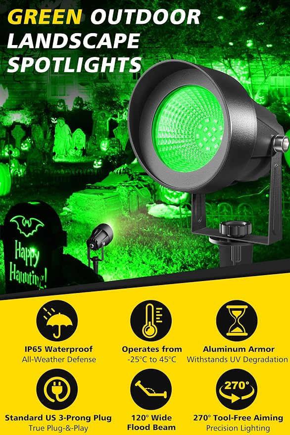 T-SUN Green Spotlight Outdoor, Waterproof LED Landscape Lighting with US Plug, Easy Install 270° Adjustable Outdoor Spot Lights for Garden Tree Yard Decor