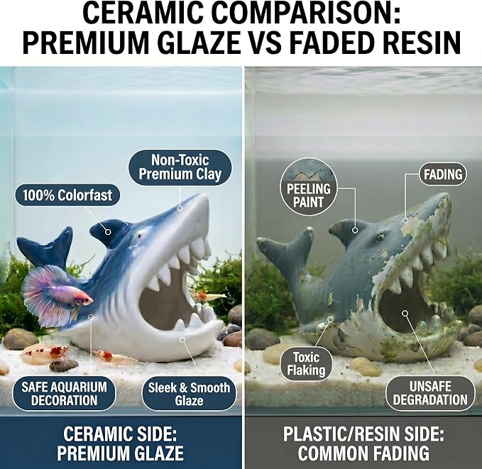 Ceramic Shark Aquarium Decorations - Large Fish Tank Cave & Betta Hideout, Bio-Filter Shark Candy Bowl, Key Holder for Entryway Table, pH-Neutral Marine Fish Tank Accessories Ornament
