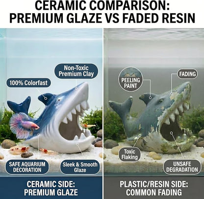 Ceramic Shark Aquarium Decorations - Large Fish Tank Cave & Betta Hideout, Bio-Filter Shark Candy Bowl, Key Holder for Entryway Table, pH-Neutral Marine Fish Tank Accessories Ornament