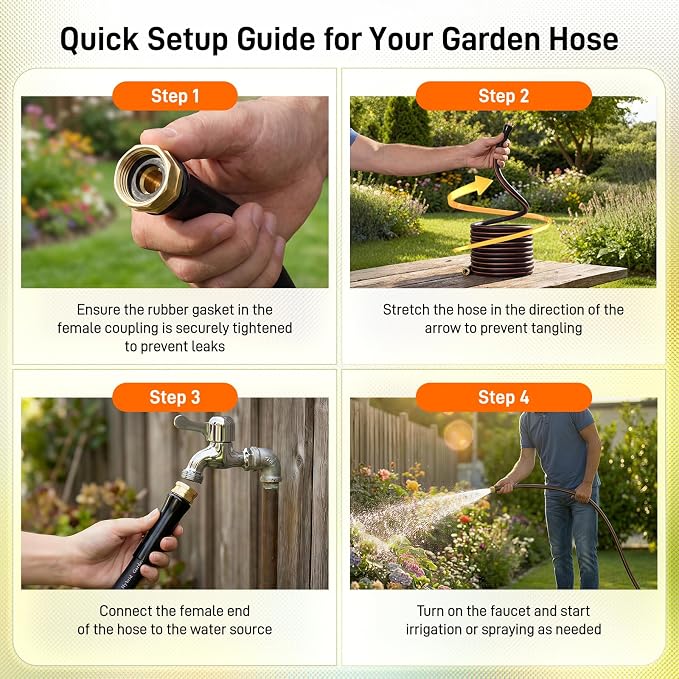 Garden Hose, 50ft 5/8" Heavy Duty Rubber Water Hose, 550 PSI Burst, 360° Anti-Kink Swivel Connectors, All-Weather Flexible, Leakproof 3/4" Brass Male to Female Fittings