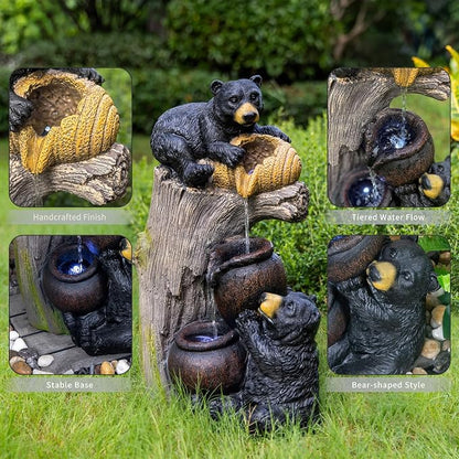 23.6'' Bear Outdoor Water Fountain with LED Lights, Cascading Resin Garden Waterfall Fountain with Pump, Cute Animal Water Feature for Patio Yard Backyard Balcony Decor