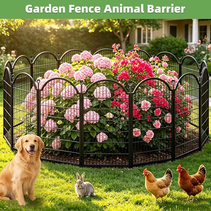 8 Panels Decorative Garden Fence Outdoor for the Yard – 48in(H) x 18ft(L) Heavy Duty Metal Animal Barrier for Dog, No Dig Dog Fence, Rustproof Tall Garden Fencing Panel