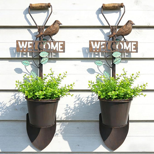 2Pcs Metal Wall Planter ,Vintage Wall Hanging Planter with Welcome Sign | wall decor; Rustic Farmhouse Wall Decor with Bird, Garden Wall Plant Holder for Porch Patio Entryway