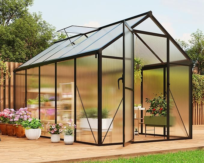 6x10 FT Greenhouse, Greenhouses for Outside, Polycarbonate Greenhouse with Aluminum Frame, Lockable Door and Ajustable Roof Vent for Backyard, Green Houses for Outside Garden Backyard, Patio