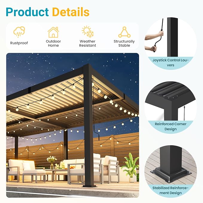 Louvered Pergola, 12' x 20' Outdoor Pergola, Aluminum Frame Patio Gazebo with Adjustable Louvers Roof & Integrated Gutter System, Outdoor Hardtop Gazebo for Patio, Backyard, Deck, Garden, Dark Gray