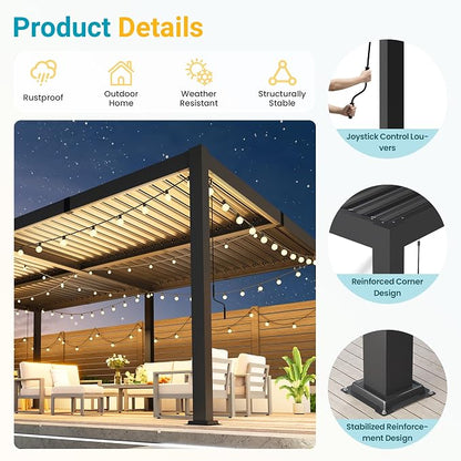 Louvered Pergola, 12' x 20' Outdoor Pergola, Aluminum Frame Patio Gazebo with Adjustable Louvers Roof & Integrated Gutter System, Outdoor Hardtop Gazebo for Patio, Backyard, Deck, Garden, Dark Gray