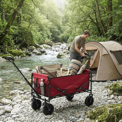 OLIXIS Collapsible Wagon 102L Standard Heavy Duty Utility Folding Wagon Cart with Lockable Brake Wheels – 330 lbs Weight Capacity, Flexible Handle for Beach, Grocery, Camping, Sports & Garden, Red