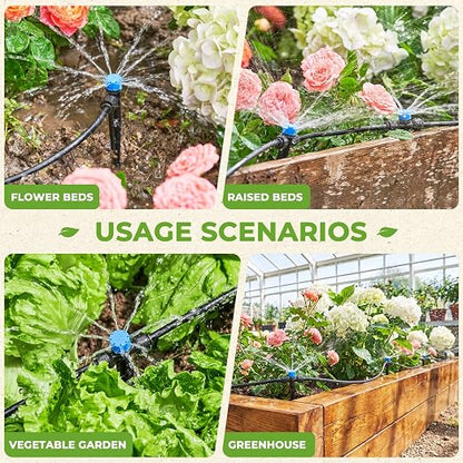 HIRALIY 200FT Drip Irrigation System Kit, Quick-Connect Garden Watering System with 33FT Main Hose and 167FT 1/4" Tubing, Adjustable Drippers for Raised Beds, Greenhouse, Patio & Lawn