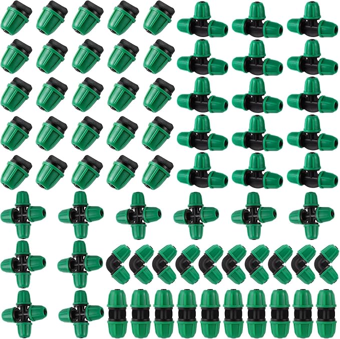 70 Pcs 1/4 Inch Drip Irrigation Fittings Kit,Drip Irrigation Hose Connector for 1/4 Inch Drip Tubing with 25 End Plugs, 15 Tees,10 Straight Couplings,10 Elbows,10 Cross 4-Way Connector