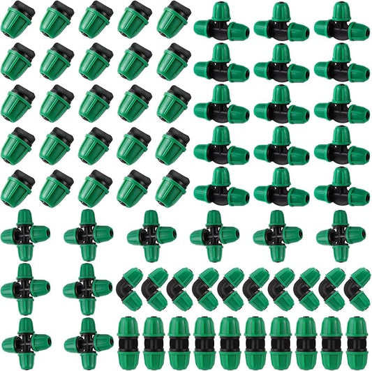 70 Pcs 1/4 Inch Drip Irrigation Fittings Kit,Drip Irrigation Hose Connector for 1/4 Inch Drip Tubing with 25 End Plugs, 15 Tees,10 Straight Couplings,10 Elbows,10 Cross 4-Way Connector