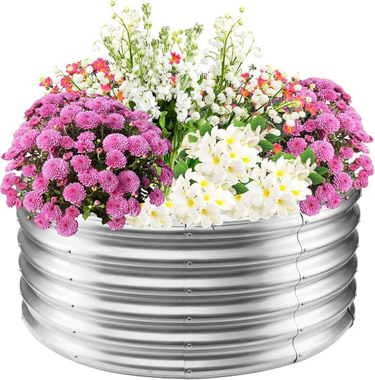 TBMLC 17" Tall Elevated Round Metal Rised Garden Bed- 3.3'x3.3' in Size and 0.8MM Thick Durable Planter Box for Vegetables Flowers Succulent at Patio/Garden Outdoor (Silver, 3.3FT Diameter)