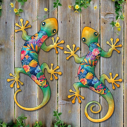 Metal Gecko Outdoor Decor -2 Pack 11.8 inch Metal Lizard Wall Hanging Sculpture Decoration for Indoor or Outdoor, Garden Yard Fence Porch Wall Decor