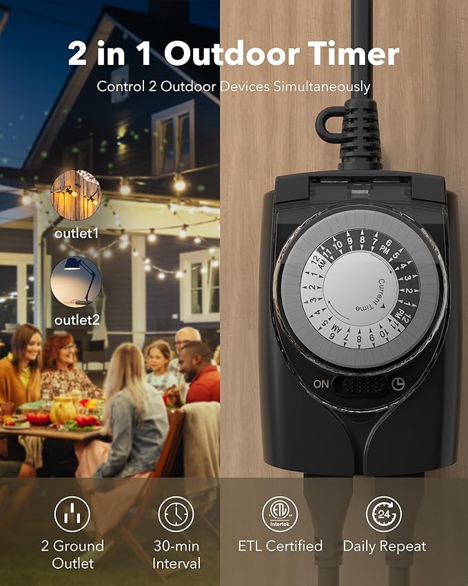 HBN Outdoor Timer Outlet Waterproof, 24 Hour Mechanical Light Timers for Electrical Outlets Outdoor Weatherproof, 2 Grounded Outlets for Christmas Lights, Pool Pump, 15A 1/2HP