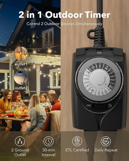 HBN Outdoor Timer Outlet Waterproof, 24 Hour Mechanical Light Timers for Electrical Outlets Outdoor Weatherproof, 2 Grounded Outlets for Christmas Lights, Holiday Decorations, 15A 1/2HP
