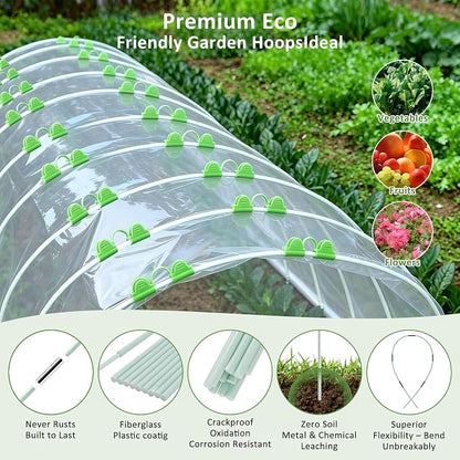 Greenhouse Hoops for Raised Beds, 36pcs Rust-Free Fiberglass | Garden Hoops Grow Tunnel Wide, 8FT Heavy Duty Plant Support Hoops with Flush Connectors & 24pcs Clips for Netting Row Cover