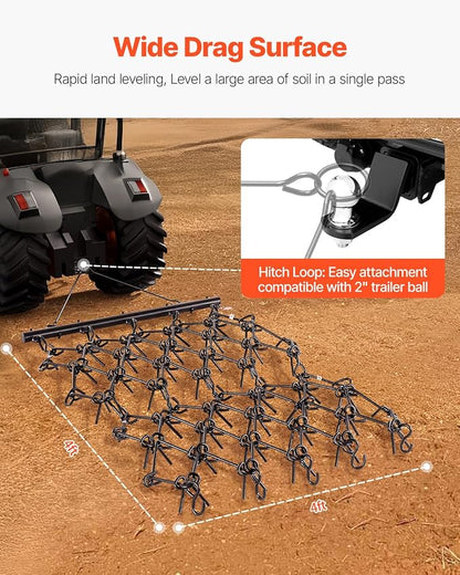 VEVOR Drag Harrow, 4 ft x 4 ft Durable Chain Harrow with 69 Sharp Teeth, Suitable for ATV UTV Tractor, Ideal for Soil Preparation, Seeding, Smoothing Landscapes, and Yard Gravel Driveway Maintenance