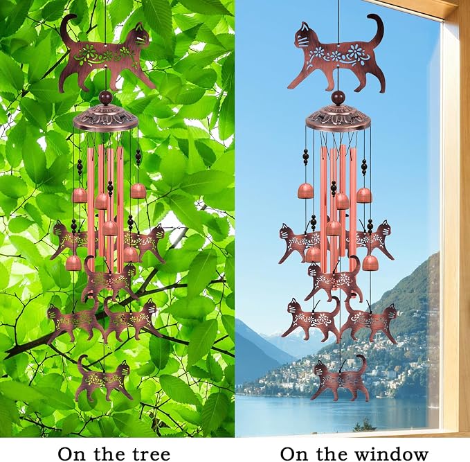 Outdoor Cat Wind Chimes, Gifts for Mom & Grandma & Woman & Family & Neighbor, Cats Decoration for Home,Garden,Balconies,Room,Patio,Indoor, Mobile Wind Catcher, Memorial Windchime, Blessing Wind Bells