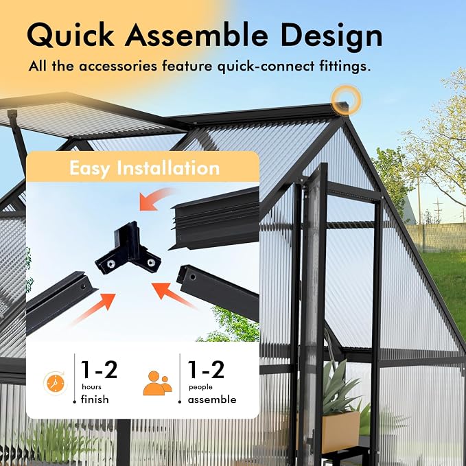 6X4FT Enhanced Aluminum Small Greenhouse for Outdoors with Thermometers | Easy Assembly, UV-Resistant Panels, Built-in Reinforcement, Lockable Sliding Door, Roof Vent, For Vegetable, Flower and Herb