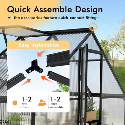 6X4FT Enhanced Aluminum Small Greenhouse for Outdoors with Thermometers | Easy Assembly, UV-Resistant Panels, Built-in Reinforcement, Lockable Sliding Door, Roof Vent, For Vegetable, Flower and Herb