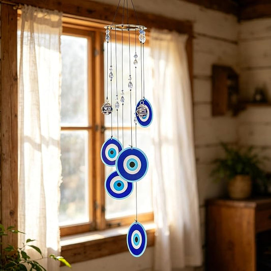 YU FENG 19 Inch Blue Evil Eye Wind Chimes for Outside Garden | Metal Hanging Windchime, Glass Bead Design, Rainbow Light Catcher, Outdoor Yard Patio Home Decoration