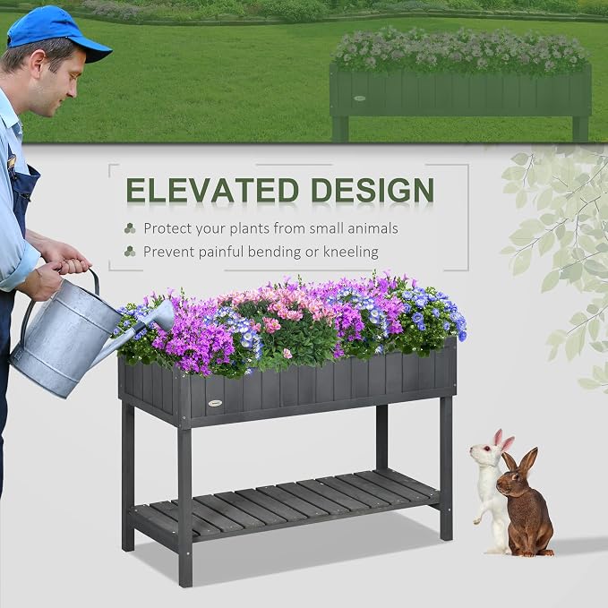 Outsunny 43x18x30in Raised Garden Bed with 8 Pockets and Shelf, Wooden Elevated Planter Box with Legs to Grow Herbs, Vegetables, and Flowers, Dark Gray