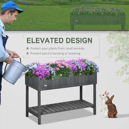 Outsunny 43x18x30in Raised Garden Bed with 8 Pockets and Shelf, Wooden Elevated Planter Box with Legs to Grow Herbs, Vegetables, and Flowers, Dark Gray