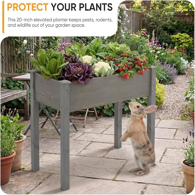 NEWBULIG Raised Garden Bed Wood 34x18x30in, Elevated Wood Planter Box Stand with Legs for Outdoors Balcony Backyard, Raised Garden Bed for Planting Herbs Flowers Vegetables, Grey