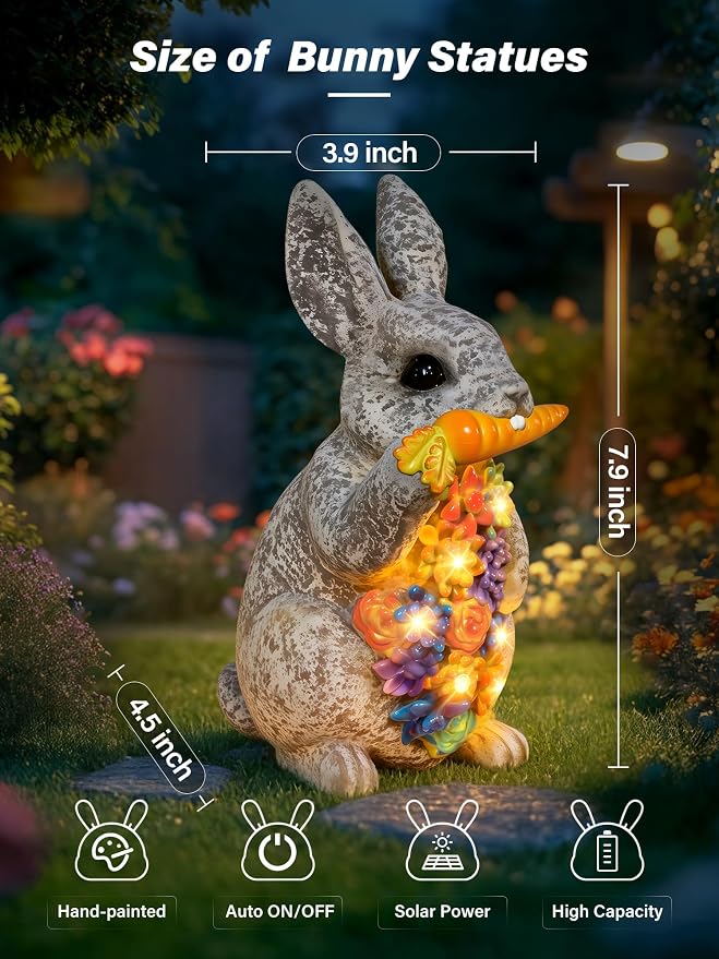 Guhope Solar Garden Statues, Outdoor Bunny Decor with Succulent and 6 LED Lights, Outside Yard Figurine Decor for Garden, Lawn, Balcony, Porch, Unique Gifts for Mom Grandma