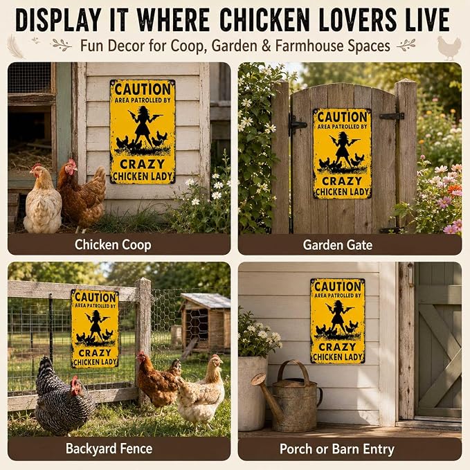 PEACHGARDEN Chicken Coop Signs for Outside, Crazy Chicken Lady Aluminum Metal Sign, Funny Hen House Warning Plaque, Backyard Garden Farmhouse Wall Art Decor, 8x12 Poultry Lover Gift