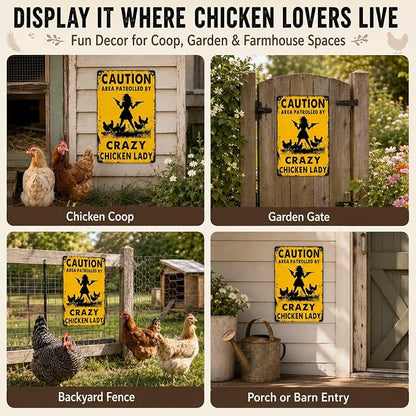 PEACHGARDEN Chicken Coop Signs for Outside, Crazy Chicken Lady Aluminum Metal Sign, Funny Hen House Warning Plaque, Backyard Garden Farmhouse Wall Art Decor, 8x12 Poultry Lover Gift